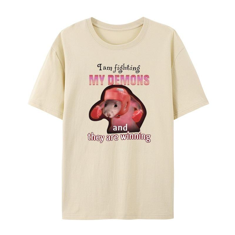 Interesting Me Fighting Against My Demon and Winning The Mouse Meme White Casual Tshirt Mens and Womens Luxury Brand Top