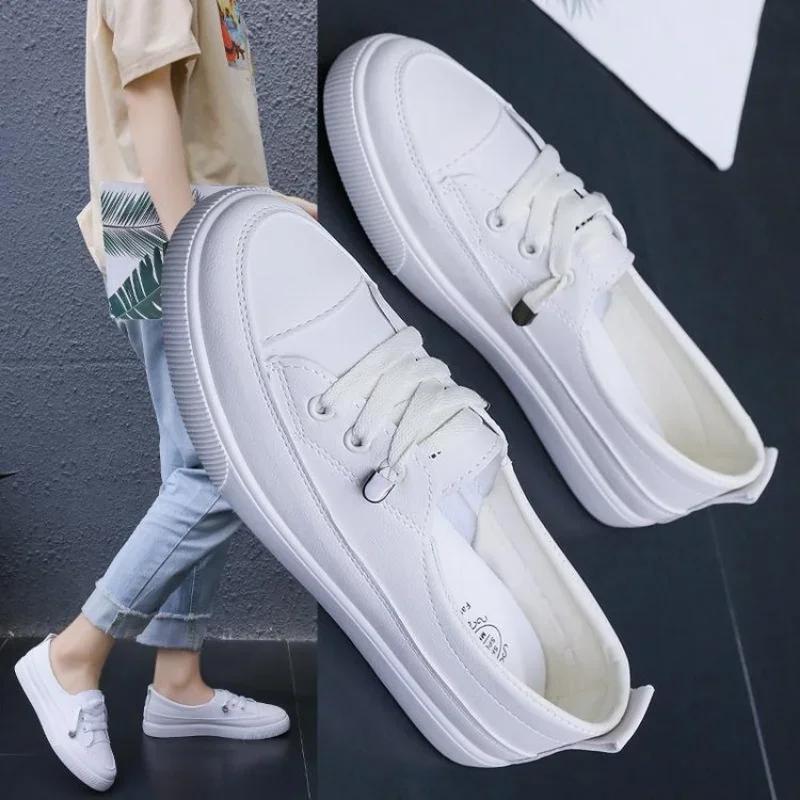 Fashion Low Platform Sneakers Women Shoes Female Pu Leather Walking Sneakers Loafers White Flat Slip On Vulcanize Casual Shoes