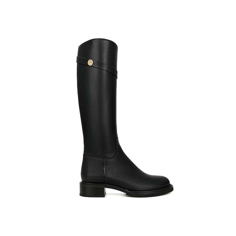 Cowhide Small Gold Coins Skinny Knight Boots Women's Flat Bottom But Knee Long Boots High Boots