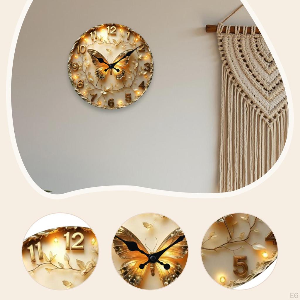 Wall Clock Artistic 2D Modern Round for Living Room Bedroom Non Ticking Analog Decorative Butterfly