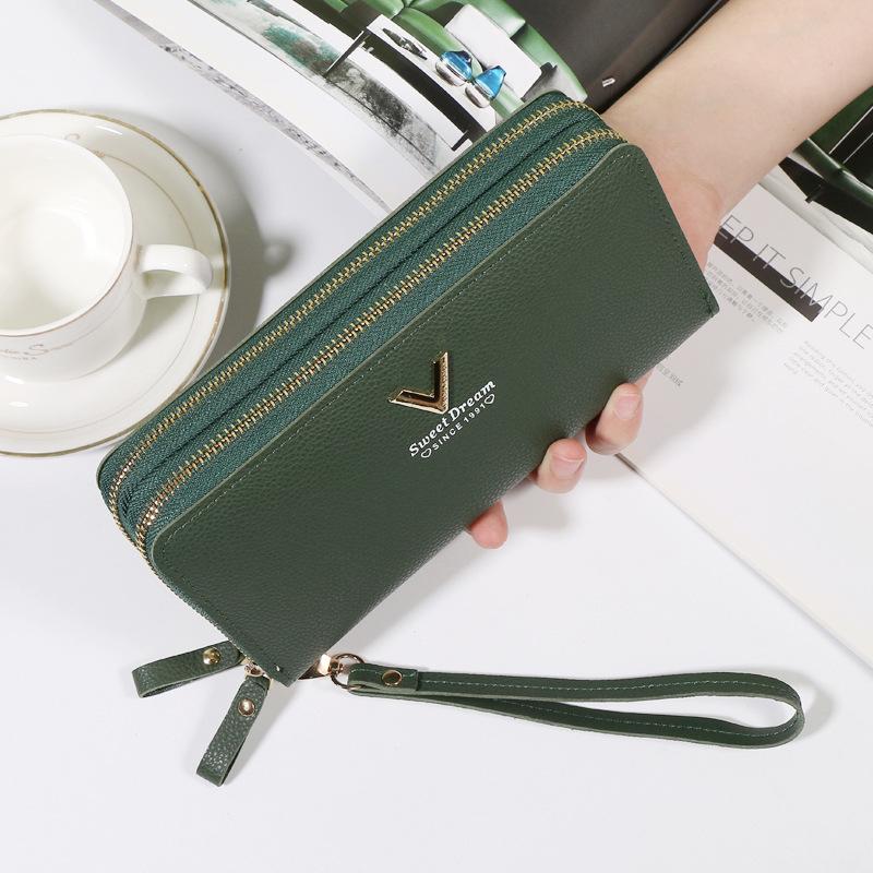 New Fashionable Double-layer Double-zipper Wallet Soft Leather Lychee Pattern Clutch Bag Niche Women's Long Mobile Phone Bag