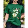 Bird and Flower Pattern Round Neck Short-sleeved T-shirt, Casual Fashion Top for Women