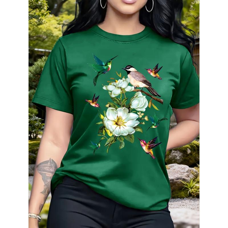 Bird and Flower Pattern Round Neck Short-sleeved T-shirt, Casual Fashion Top for Women