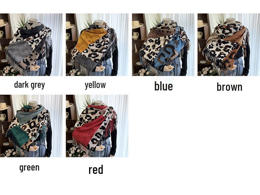 Double-Sided Leopard Print Cashmere-Feel Scarf with Tassels - Women's Autumn/Winter Neck Warmer