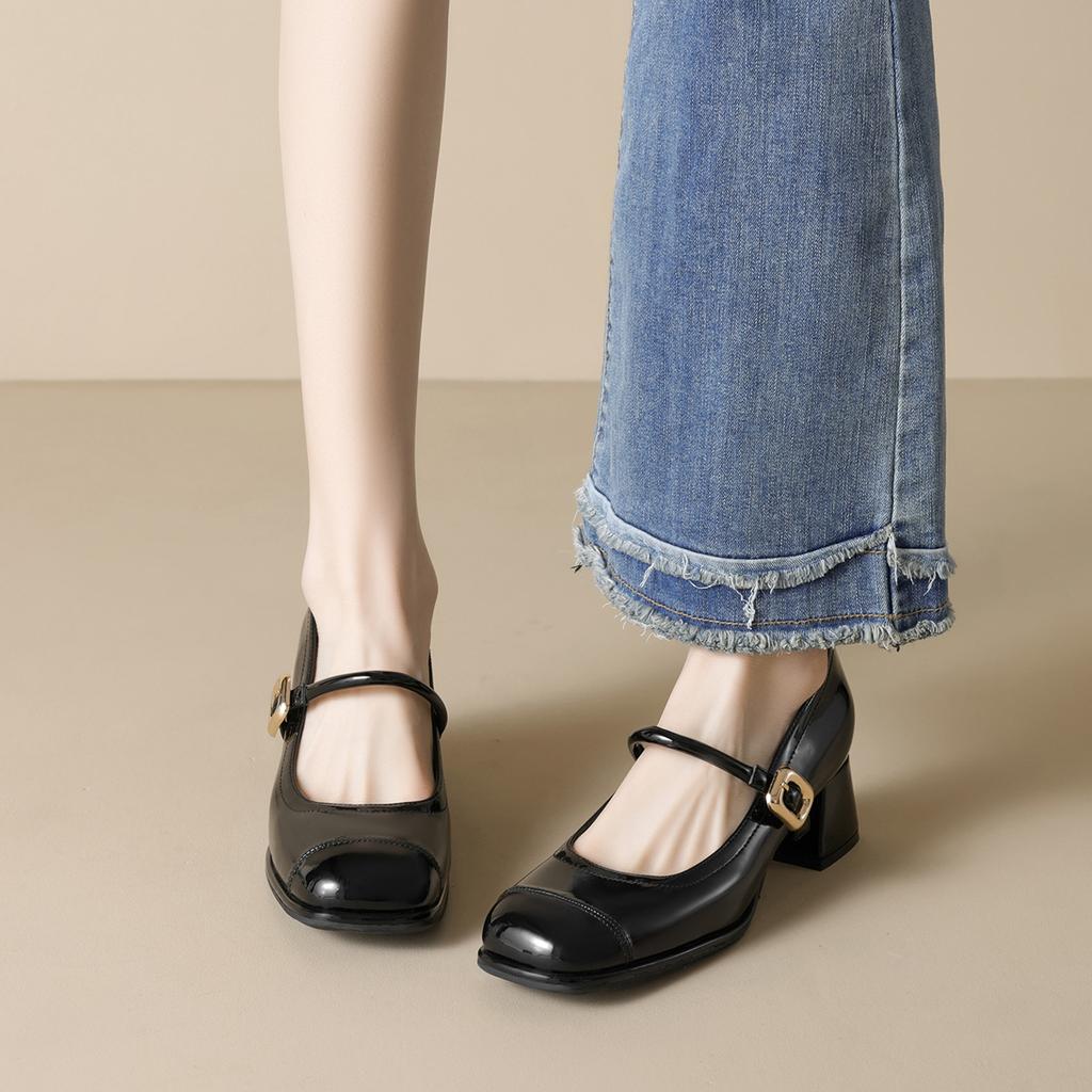 Square head Mary Jane shoes women's word with high heels, light mouth thick heel single shoes women's commuting