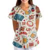 Women's Oktoberfest Print V-Neck Short Sleeve Scrub Top with Pockets, Loose Fit