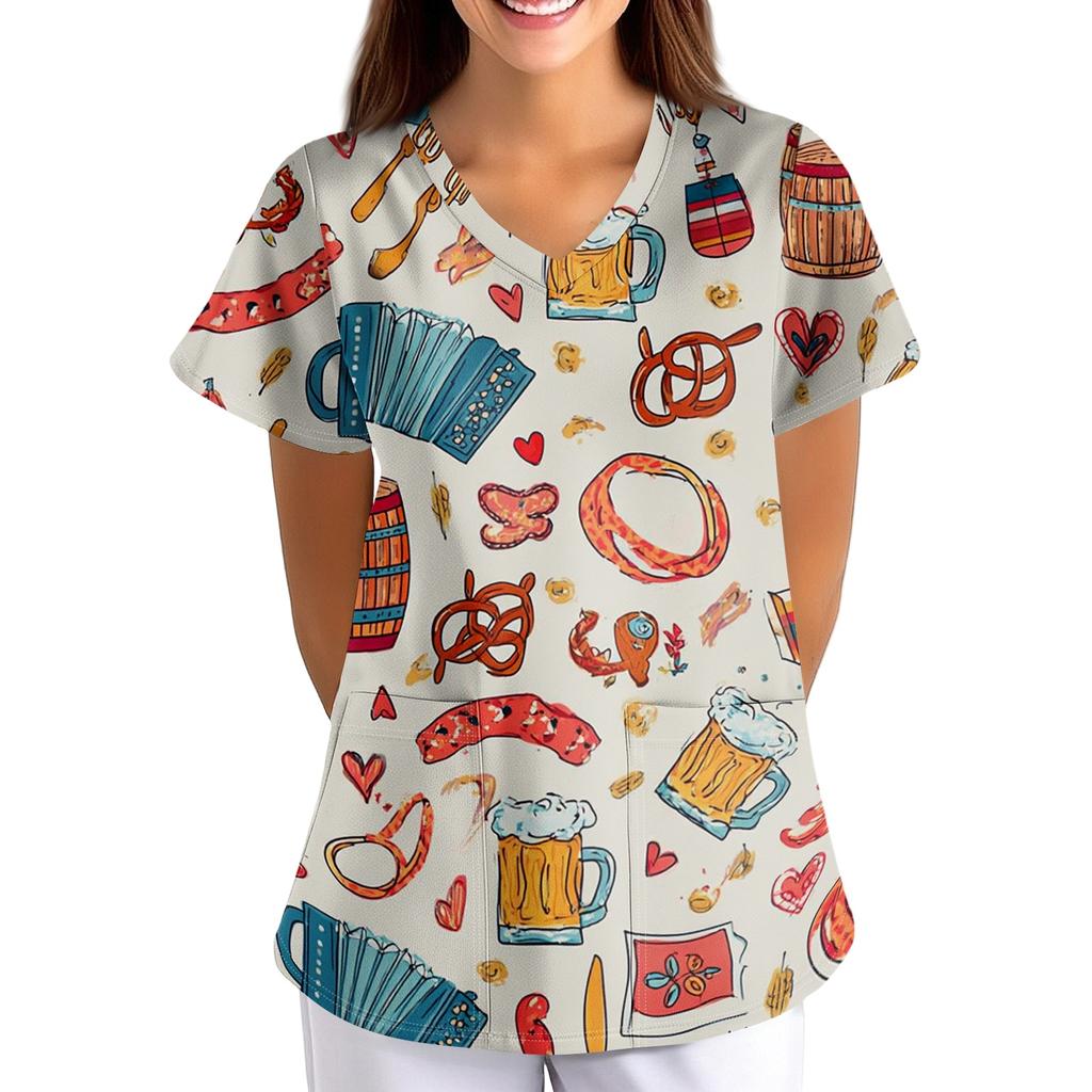 Women's Oktoberfest Print V-Neck Short Sleeve Scrub Top with Pockets, Loose Fit