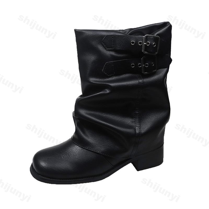 Fashion Women's Black Short Boots Winter New Fashion Buckle Strap Luxury Motorcycle Boots Comfortable Outdoor Non Slip Middle Heel Shoes