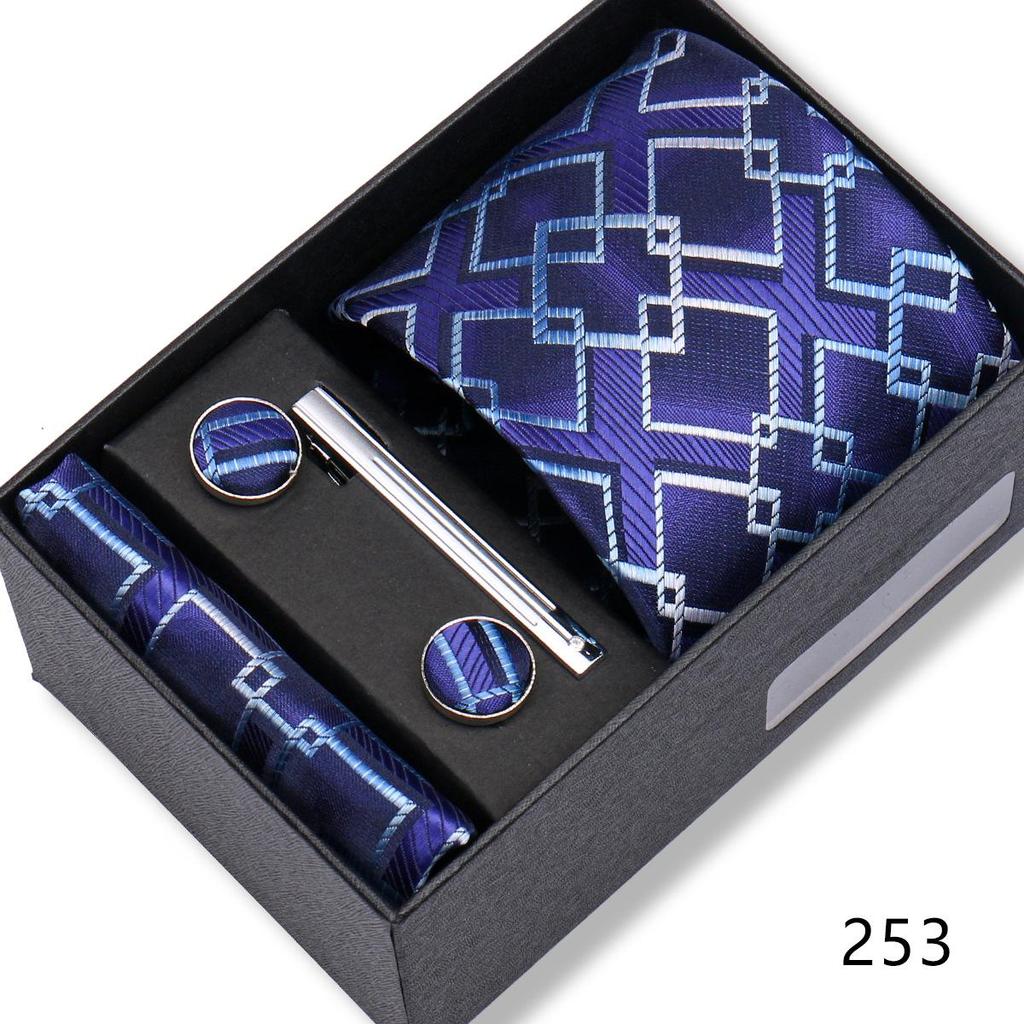 Men's Black & Wine Red Striped Plaid Tie Set with Pocket Square - Formal Wedding Gift Box