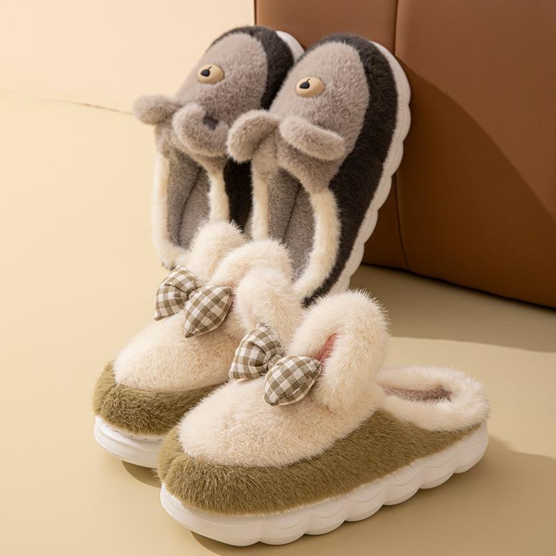 Cotton slippers Home slippers Autumn and winter cartoon rabbit ear shoes Warm cotton shoes Fleece thick-soled couple hair slippers