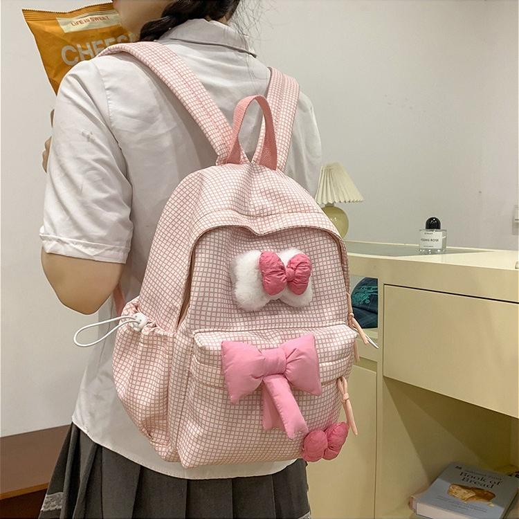 Cute Bowknot Plaid Backpack for Women Girls Large Capacity School Bag Casual Travel Daypack College Student Bookbag