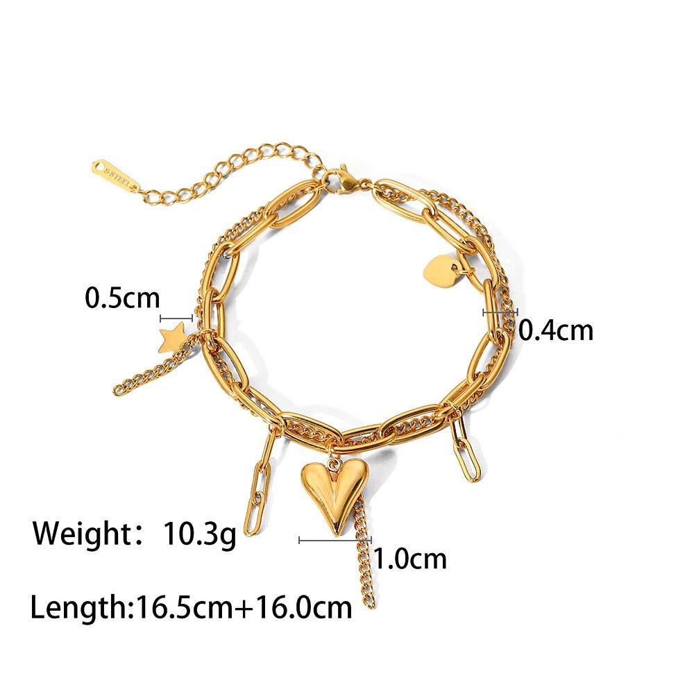 Stainless Steel Two Tone Metal Tassels Double-layer Chain Bracelet Waterproof Chunky Heart Adjustable Bracelets Vintage Jewelry
