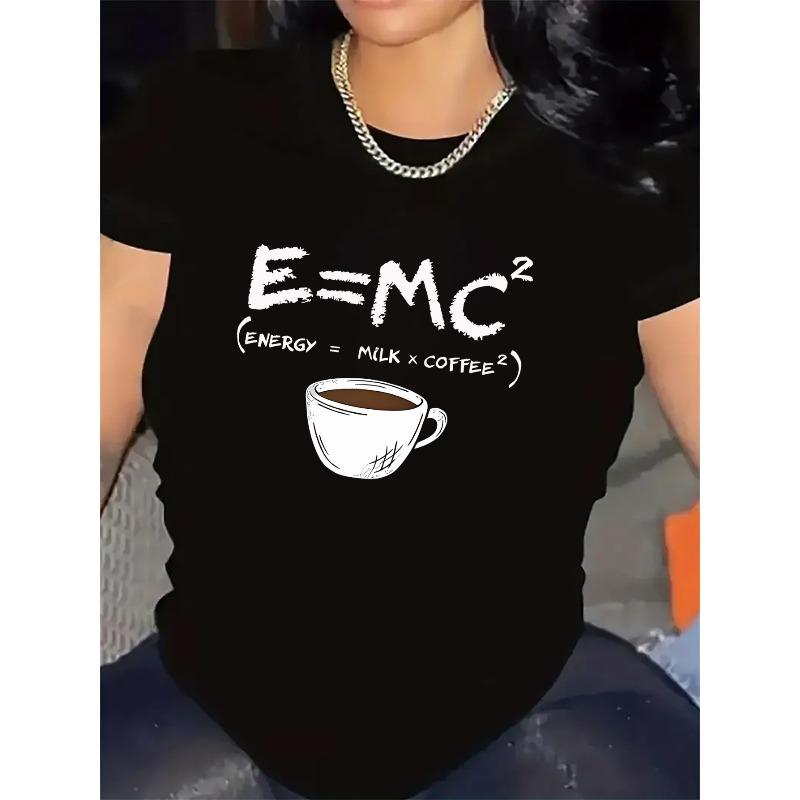 Europese maten Dames Grappig Wetenschap & Koffie Scheikunde T-shirt - E=mc² Vergelijking & Koffiemolecuul Ontwerp, Witte Opdruk op Zwart Kortmouwig Topje