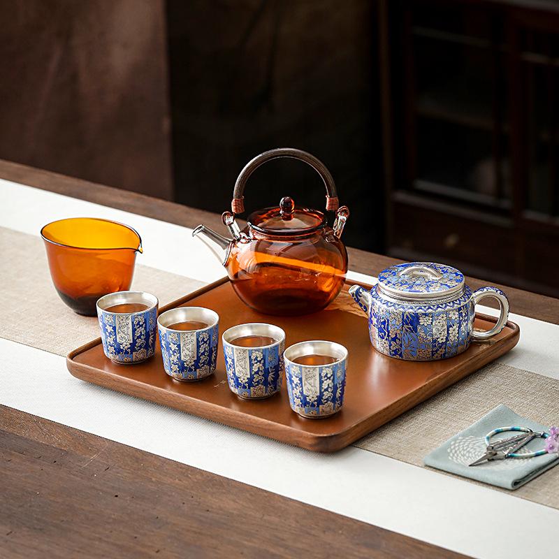 Silver-Plated Blue & White Porcelain Gongfu Tea Set with Kettle Handle - Perfect High-Grade Gift for Elders & Leaders.