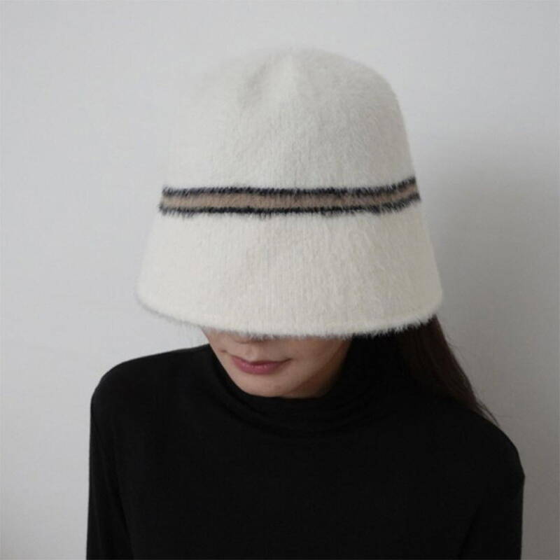 Women's Angora Bucket Hat Color Block Design Winter Hat