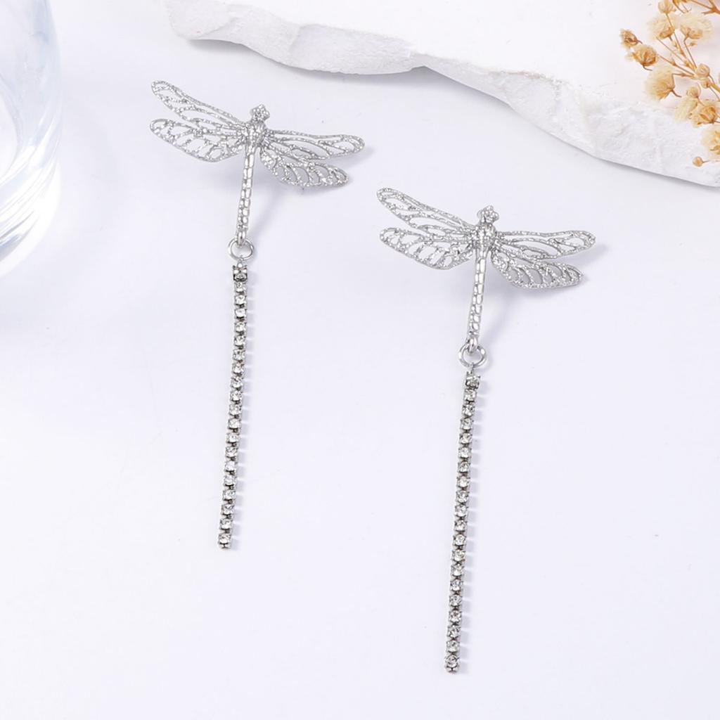 Simple fashion light luxury high-end design gold inlaid zircon long tassel dragonfly animal pendant earrings