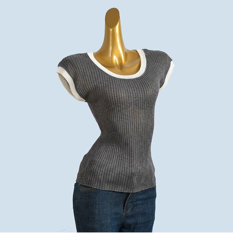 Cotton Contrast Color Knit Women's Short Sleeve Summer Design Sense Niche Western Style Fashion Small Flying Sleeve T-shirt Top All-Matching