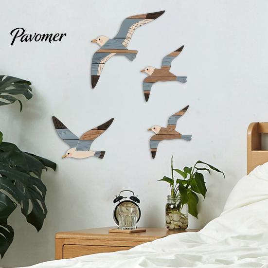 3D Wooden Bird Wall Hanging 3/4Pcs Seagull Decor, Nautical Coastal Theme Art, Natural Wood Texture Decor Adhesive Sculpture for Home Bedroom
