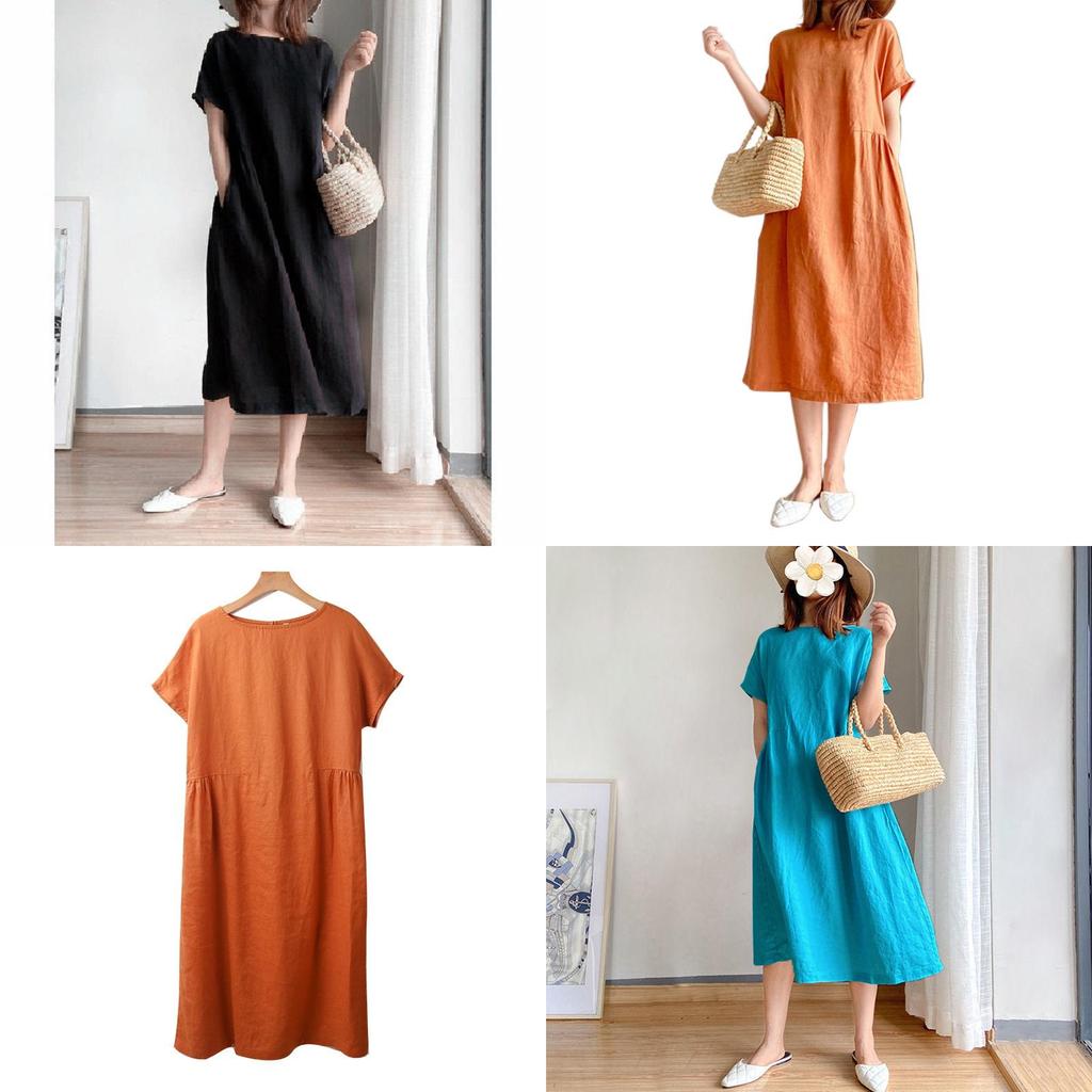 Luxurious Cotton Loose And Thin Dress For Women With Short Sleeves And Round Neck
