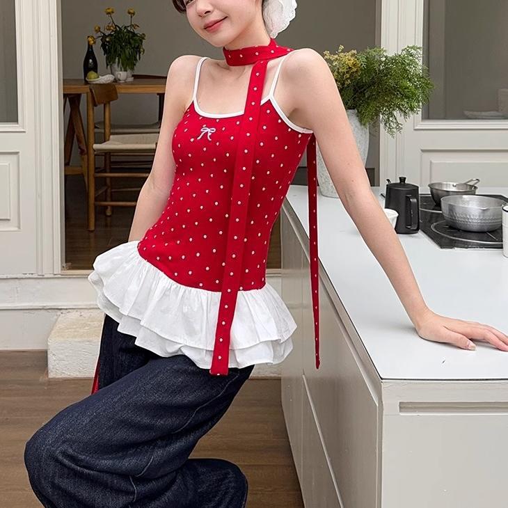 

Женская красная балетная майка в горошек с бантом и отделкой из гофрированной ленты Bulk Price красный