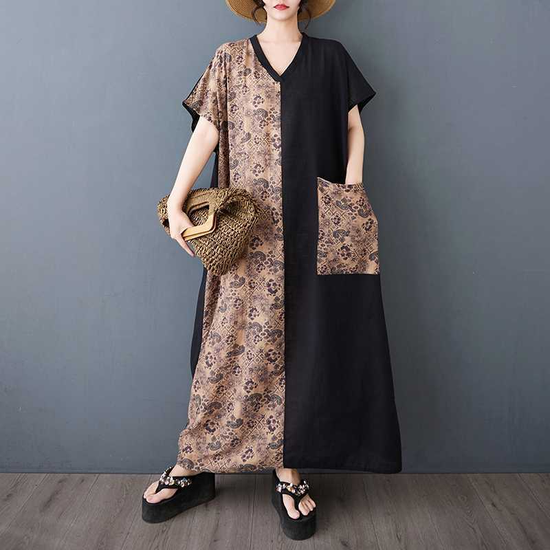 Women's Retro Slimming Short Sleeved Color Blocked Ultra Long Dress