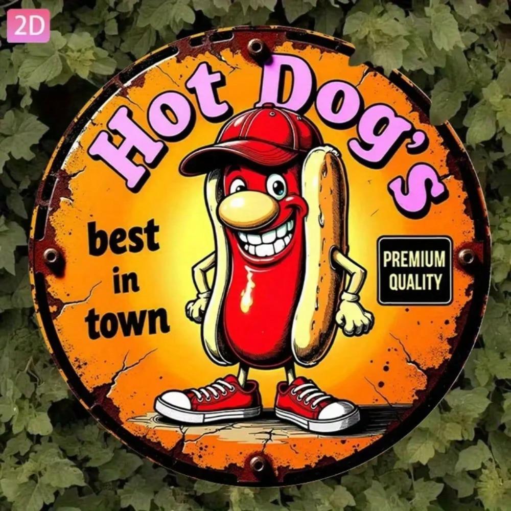 Vintage Hot Dog Cartoon Tin Sign 20x20cm 2D Flat Aluminum Wall Art Kitchen Bar Garden Garage Outdoor Decor