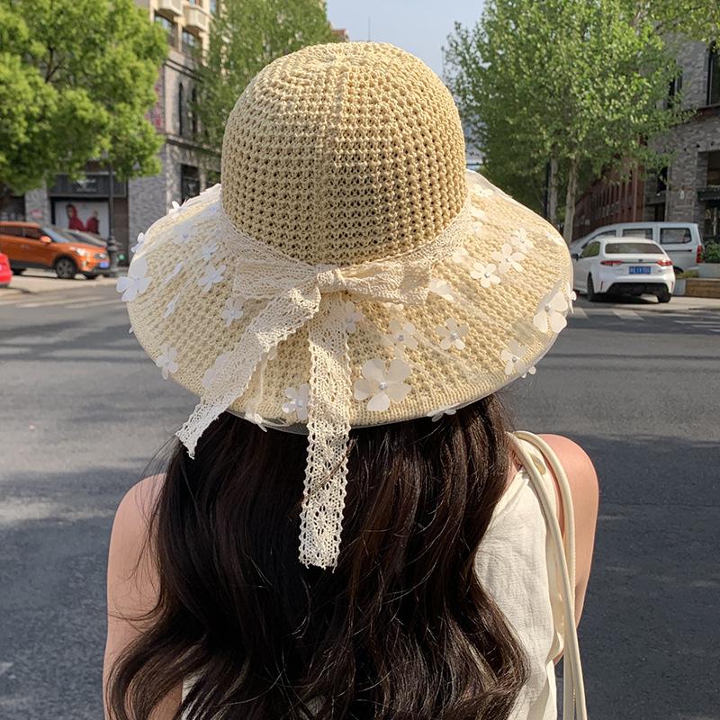 Summer lace floral bow hollow sun hat children vacation beach photo senior sun hat straw hat