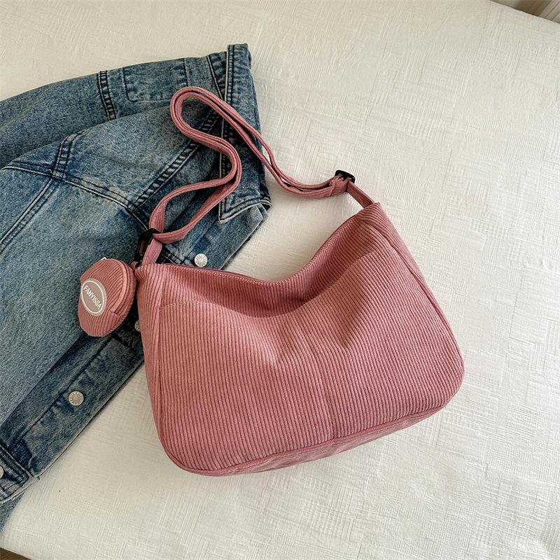 Large Capacity College Girls Simple Book Shoulder Bag Soft Corduroy Female Crossbody Bags Solid Colour Ladies Tote Purse Handbag
