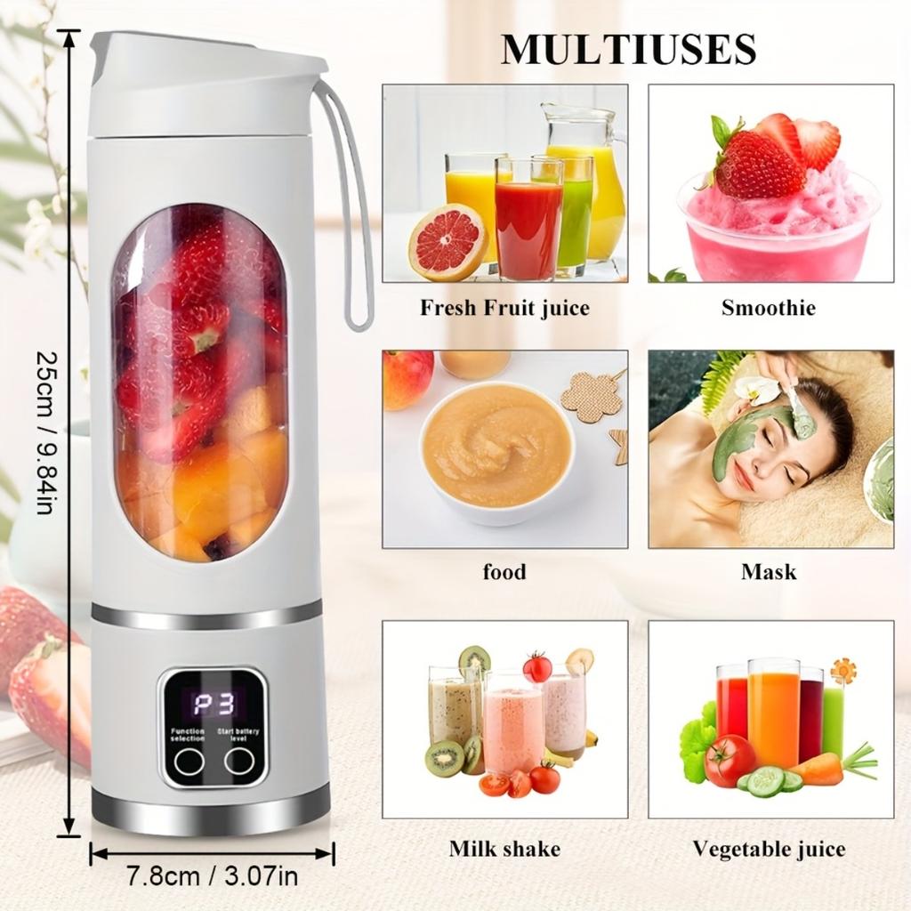 15.22 Oz Rechargeable Mini Blender] Portable USB Rechargeable Mini Blender and Juicer - 3 Modes, Digital Display, 6/12 Blades, Safety Lock