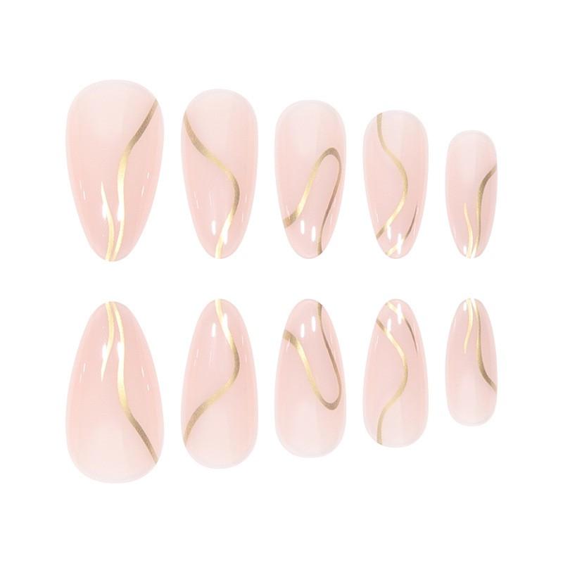 Shiny Gold Line Nail Tips In Soft Pink Almond Shape 24pcs Press-On Nails Minimalist Style Glue Jelly Adhesive