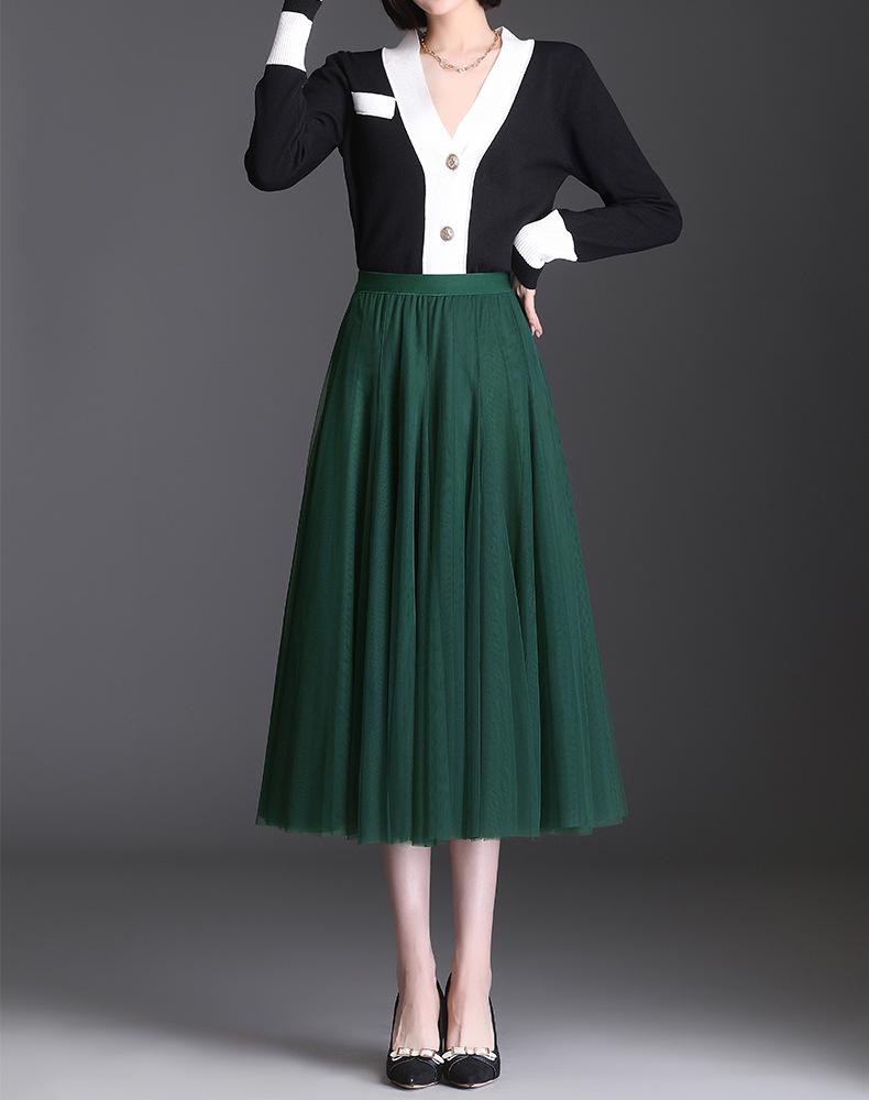 Korean High-Waist Mid-Length Tulle A-Line Skirt - Spring/Summer Pleated Mesh Design