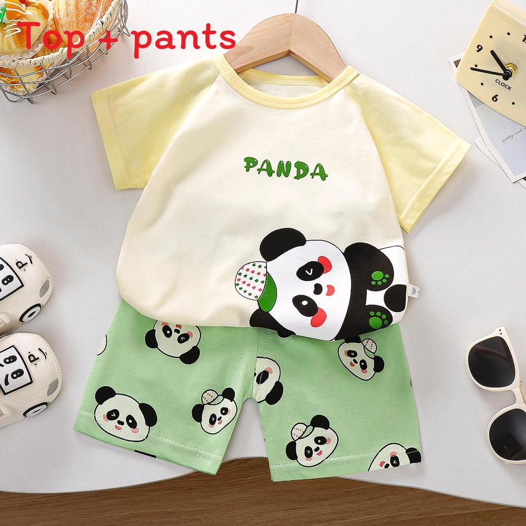 Kids Short Sleeve Cotton Set With Cartoon Pattern For Summer Play