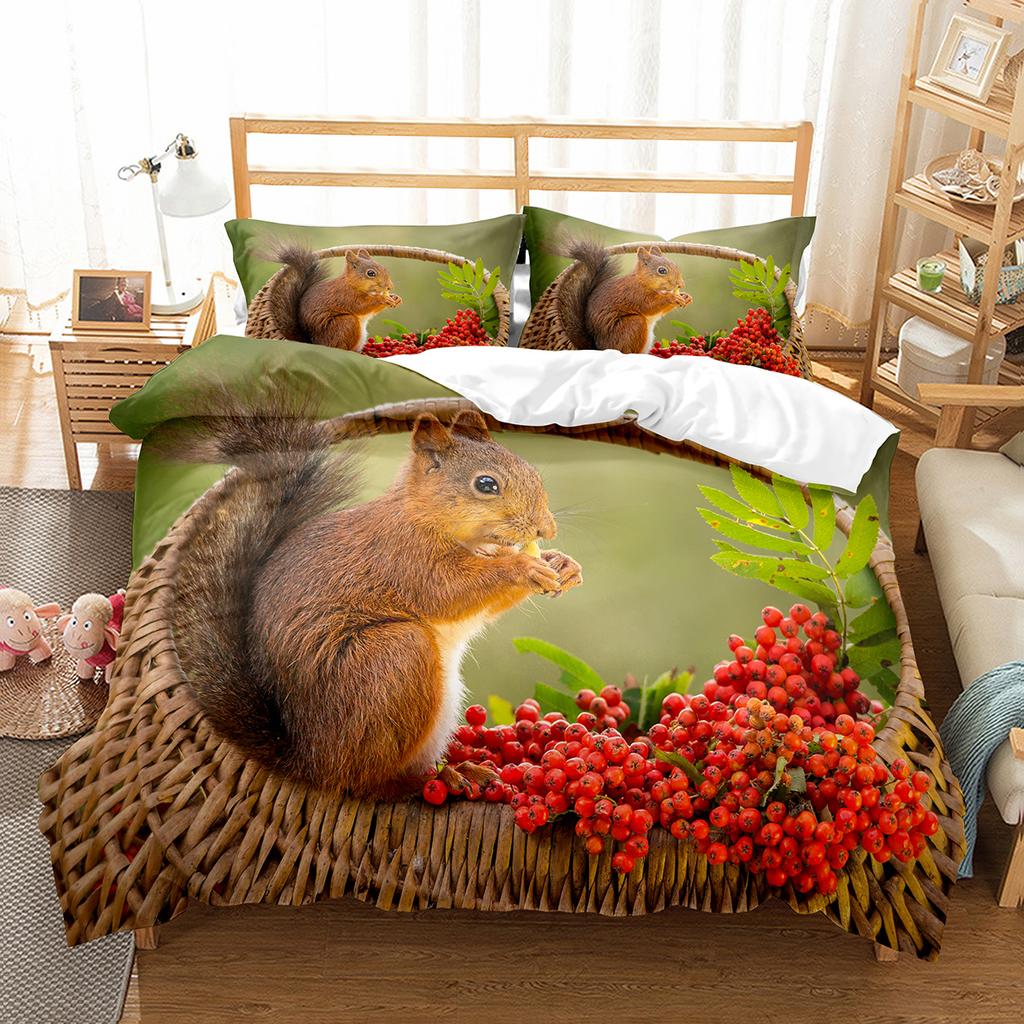 Squirrel Duvet Cover Set Cute Wild Animals Polyester Comforter Cover With Pillowcase For Kids Teen Bedroom Decor King Queen Size