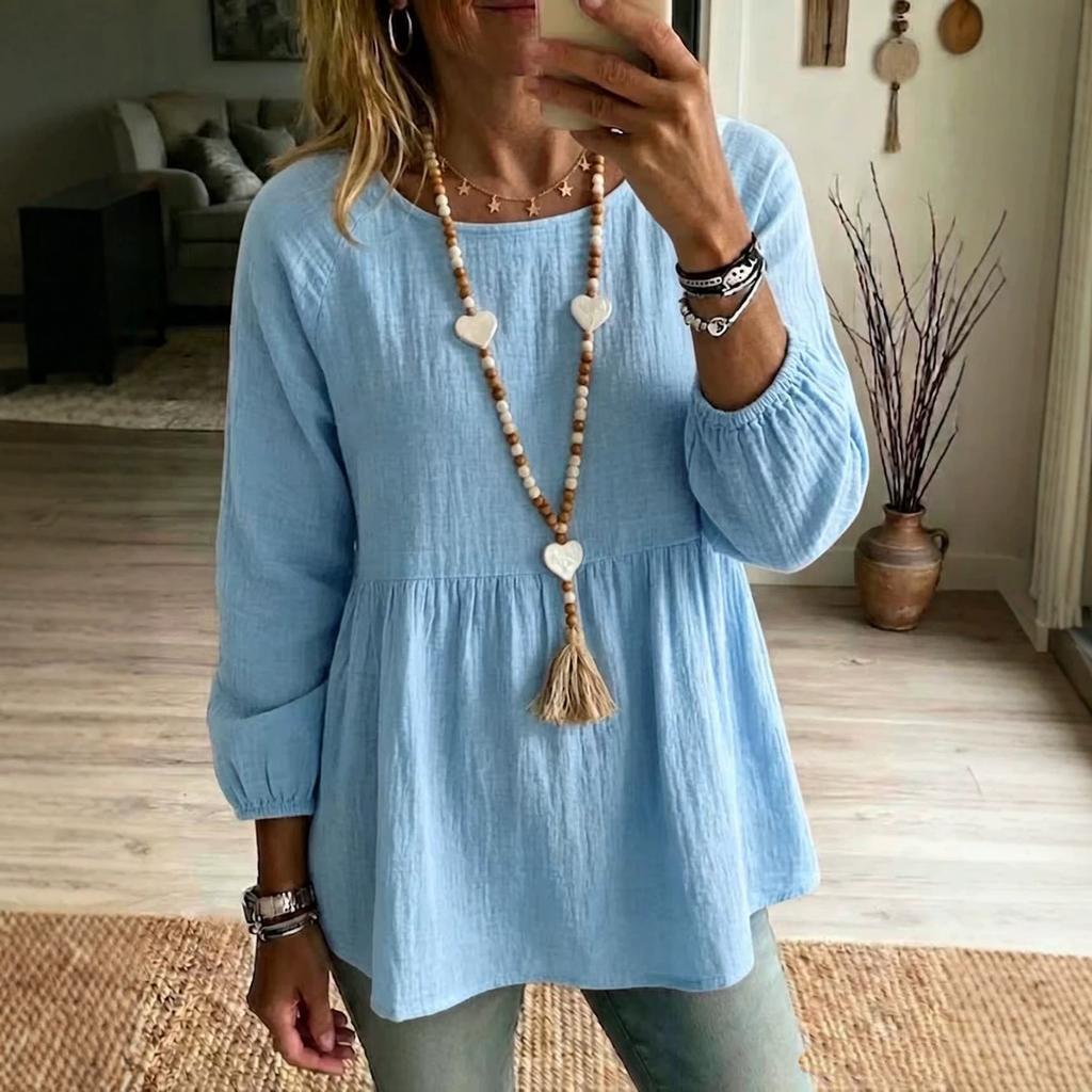 Damen Casual Langarmbluse Lockere Passform Rundhalsausschnitt Laternenärmel Bequem Leichtes Hemd Top für den Alltag