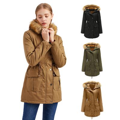 New Women's Fashion Winter Thicken Warm Plush Lining Zipper Jacket Hooded Coat Slim Cotton Fuax Fur Collar Coat Plus Size