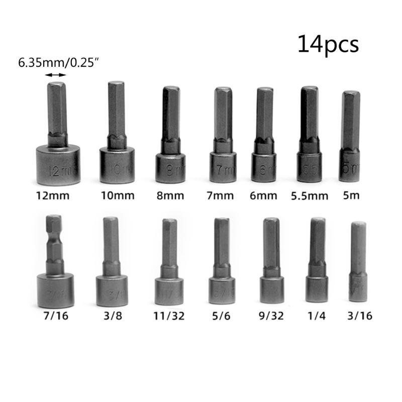 14pcs Power Nuts Driver Drill Bit Tools Set Metric Socket Wrench Screw 1/4'' Driver Hex Keys Screwdriver Set Bit Tools