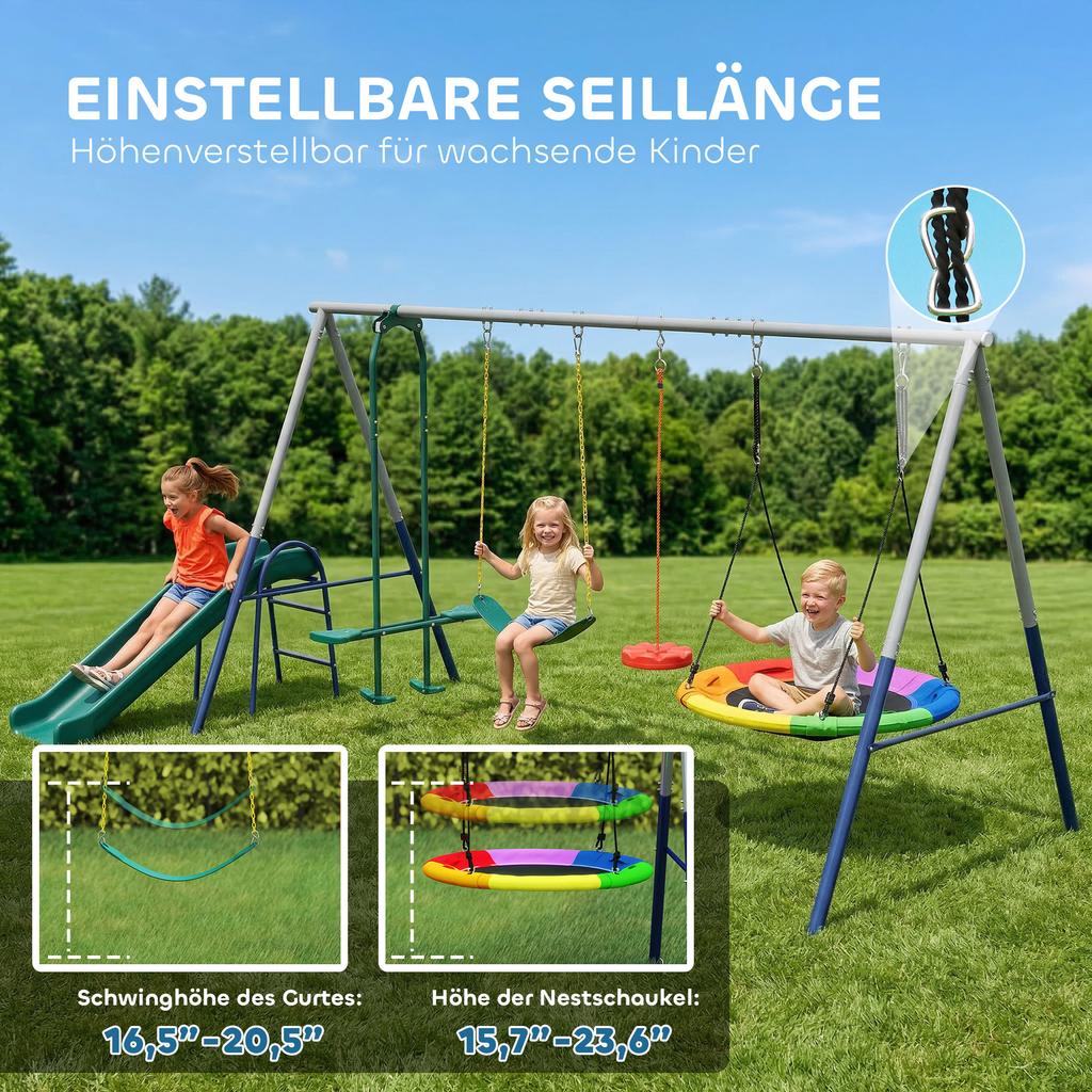 5-in-1 Swing Set with Slide Height-Adjustable Swing Frame with Nest Swing 382x196x203 cm Multicolor