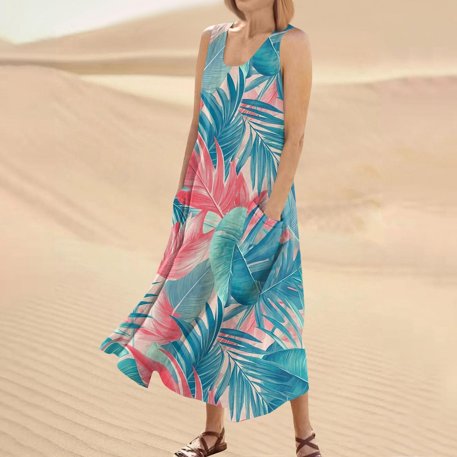 

Женское летнее повседневное модное платье без рукавов с круглым вырезом и карманом с цветочным принтом XL