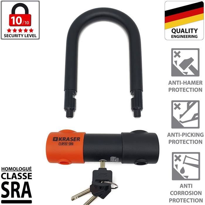 KRASER KR85S Antivol Moto Bloque Disque U Homologué SRA Serrure Sécurité Solide Cadenas 85x125 Ø18 Blocage Motocyclette Scooter Vélo