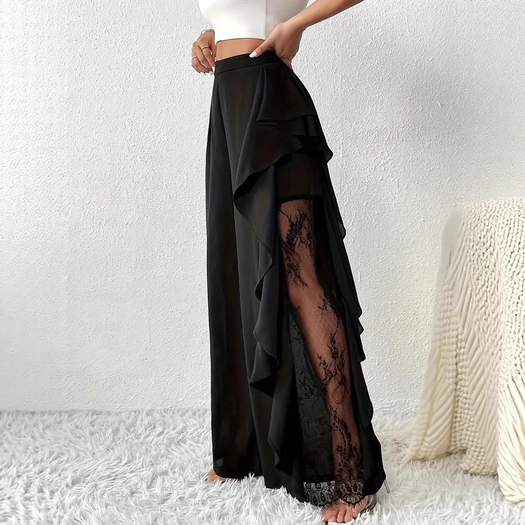 

High-Waisted Irregular Lace Mesh Floral Wide-Leg Pants for Women XXL чорний