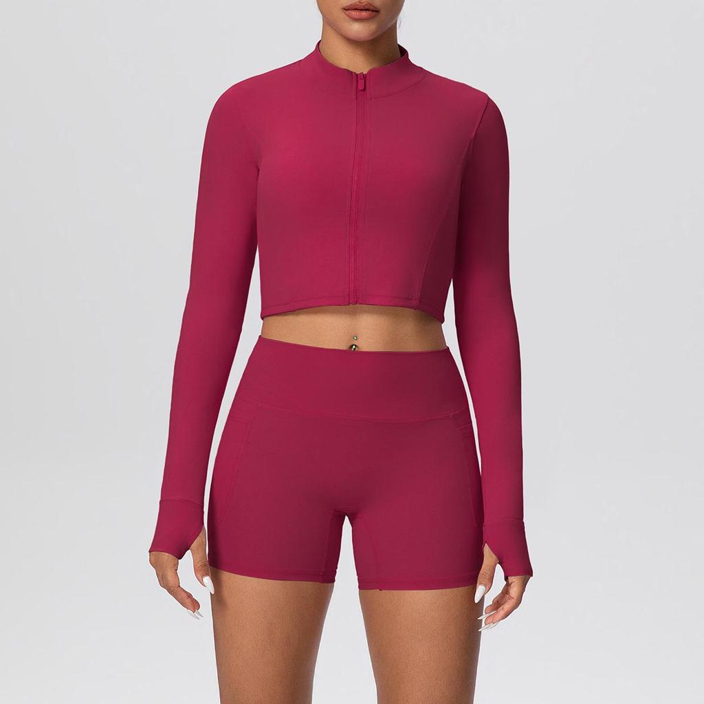 Women's Slim Fit Zip-Up Jacket & High-Waist Butt-Lifting Shorts Yoga Set
