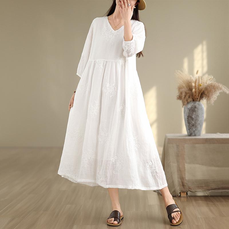 Elegant French Fairy Dress - Women's Heavy Embroidery Ramie Long White Dress