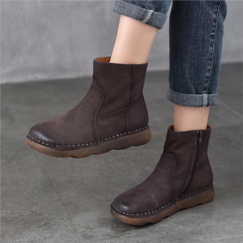 Johnature Versatile Women's Short Boots Round Toe Side Zipper Retro Genuine Leather Flat Boots