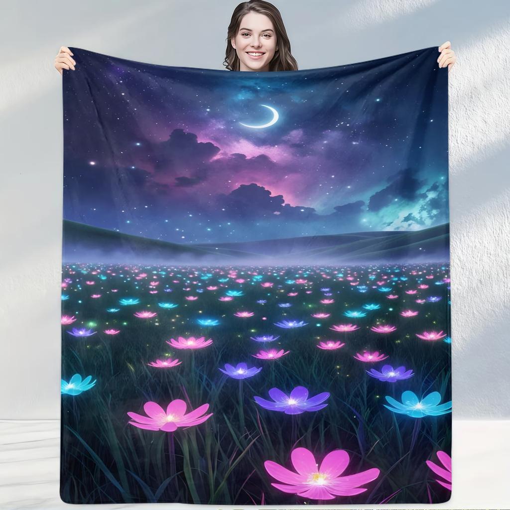 Starry Night Glowing Flower Blanket Magical Style Throw for Rooms Cozy Decor Gift with Luminous Blossoms Creating Tranquil Charm