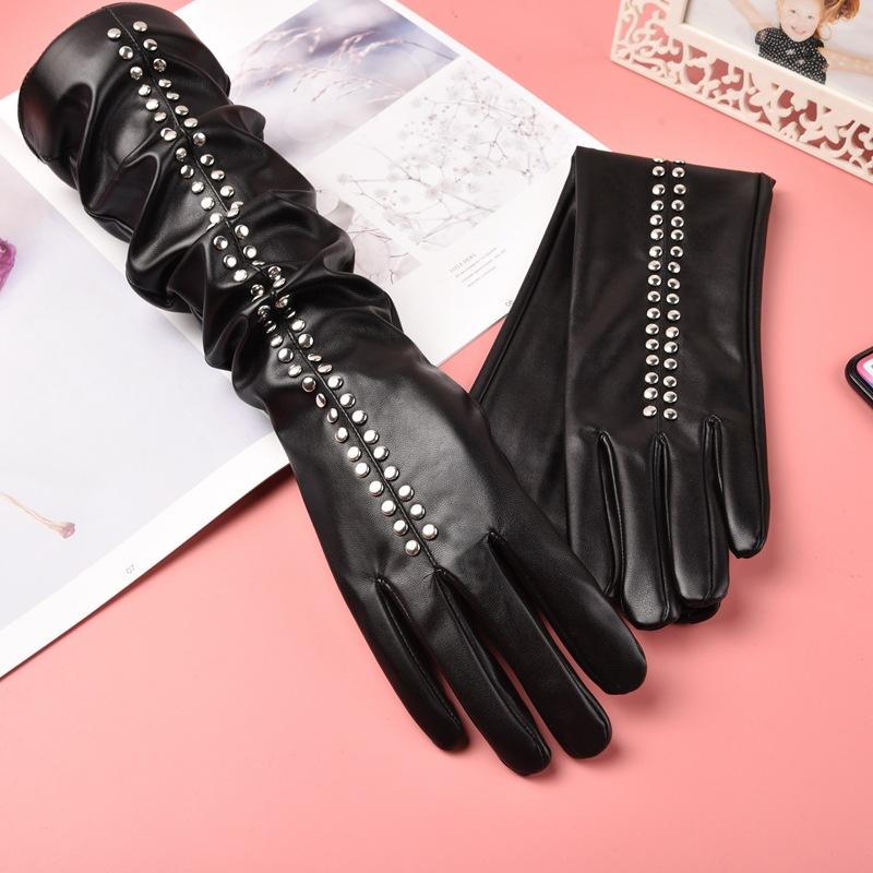 

Искусственная кожа pu кожа женские перчатки удлиненные сенсорные зимние заклепки для тепла полнопалые для вождения One size