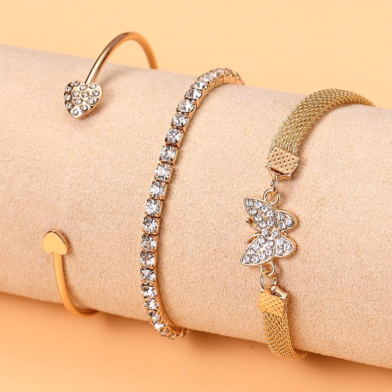 

Cross-border Rhinestone Love Heart LOVE Bracelet Set - Retro Simple Alloy Hand Jewelry
