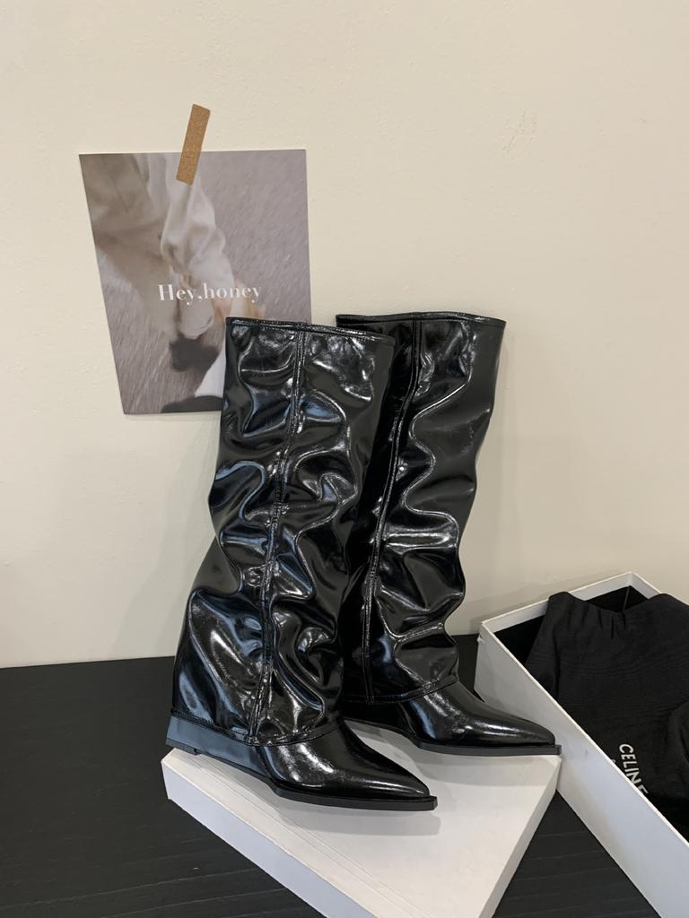 2025 new patent leather knight boots but knee boots stacked boots retro pointed autumn and winter fashion