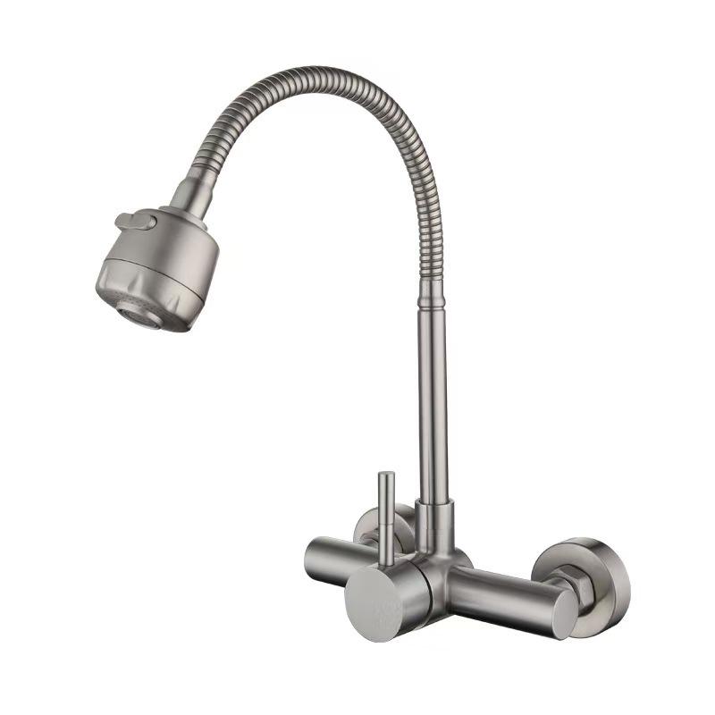 Grifo de Cocina de Acero Inoxidable 304 Montado en Pared de Doble Agujero con Salida Giratoria de Agua Caliente/Fría