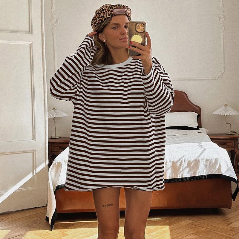 Striped T-shirt Women's Loose Round Neck Long Sleeved Top Retro Contrasting Color Basic Style Thin Commuting 2025 Spring/Summer