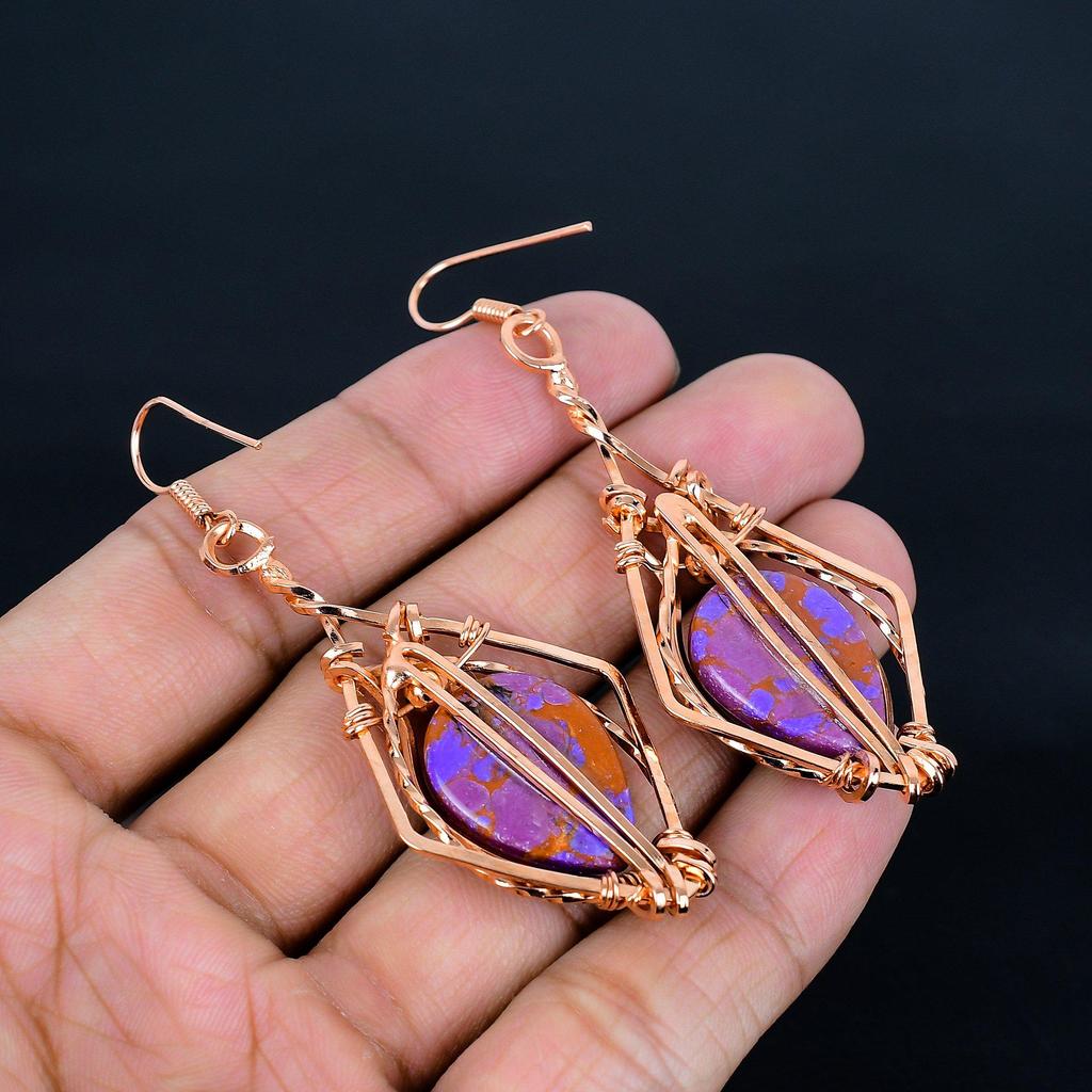Purple Copper Turquoise Earrings, 999 Copper Wire Wrapped Jewelry, Gemstone Earrings, Gift For Her Handmade Dainty Jewelry